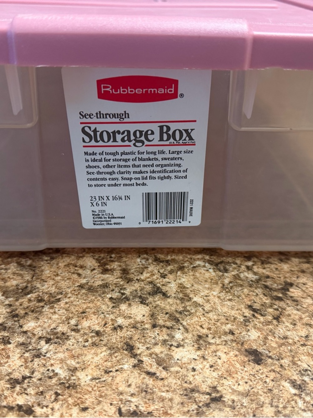 Rubbermaid Vintage Storage Box 1986 Clear With Dusty Pink/Mauve Lid 23”